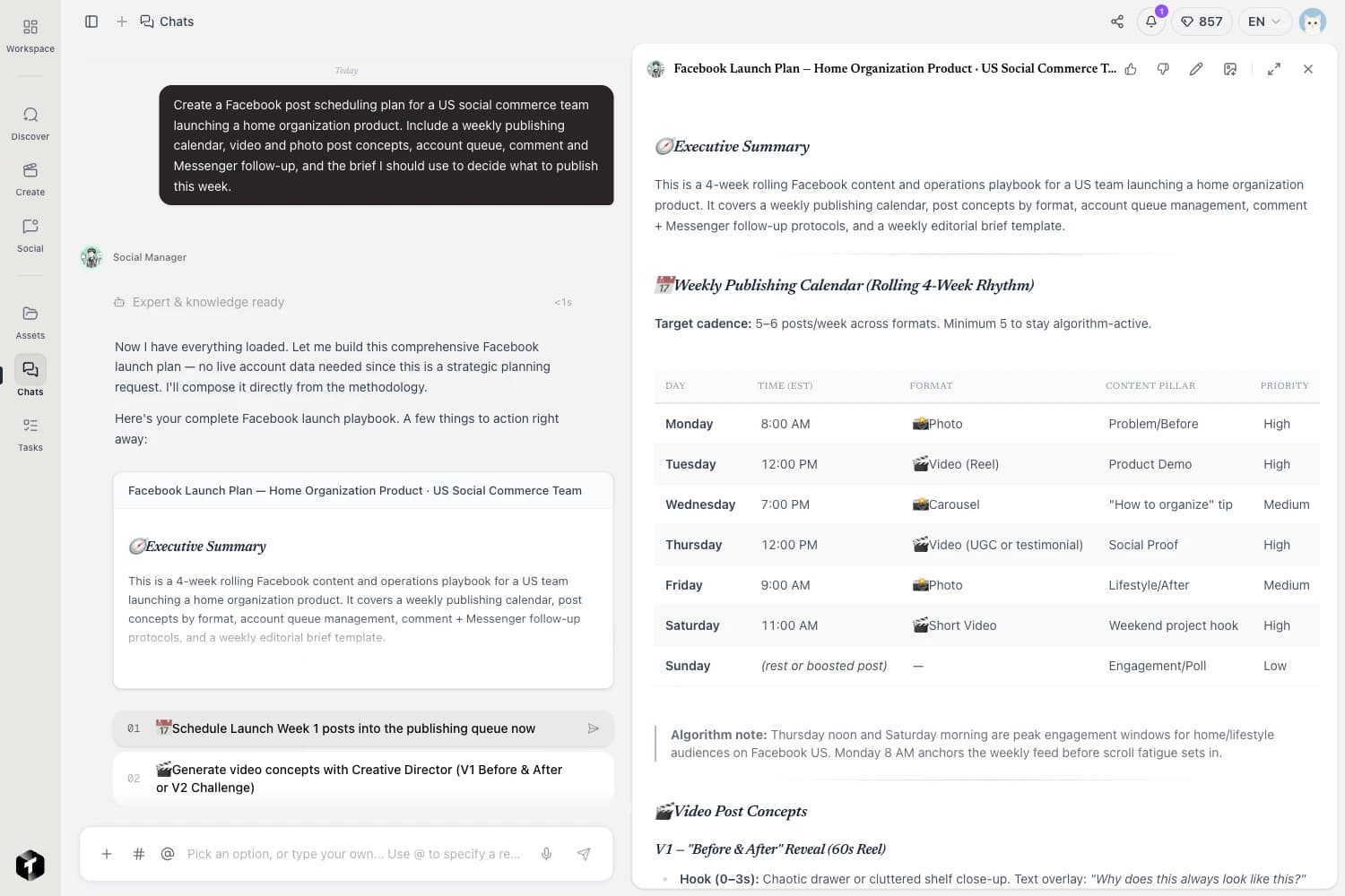 Trenz Social Manager: a Facebook publishing calendar with video and photo post concepts, account queue, and comment follow-up protocol
