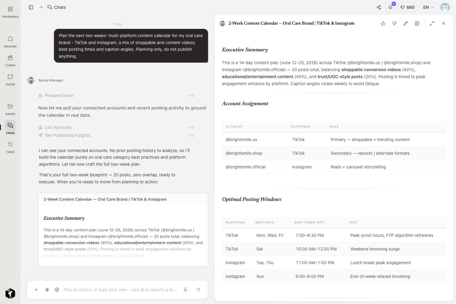 Trenz chat: a seller hands content to Social Manager; the agent schedules posts across platforms and reports back on comments and buying signals