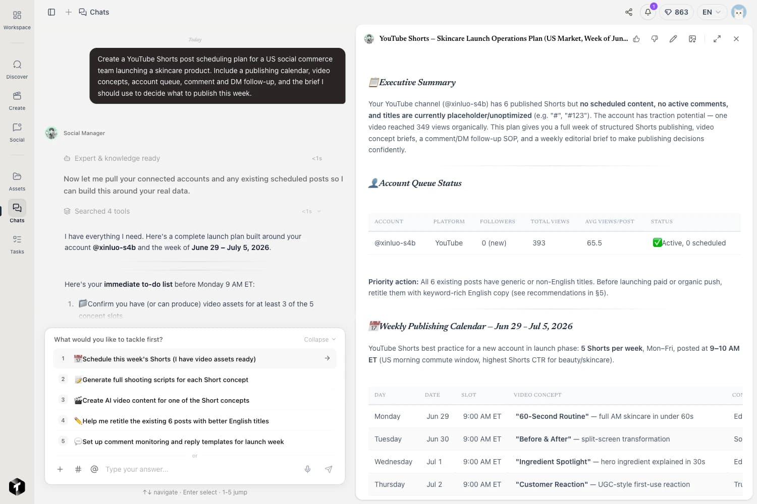 Trenz Social Manager: a YouTube Shorts publishing calendar with account queue status, video concepts, and comment follow-up steps