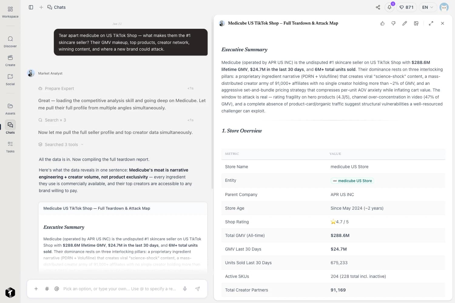 Trenz AI Market Analyst report: a TikTok Shop competitor teardown that ends in the play to respond, not a wall of ads to scroll